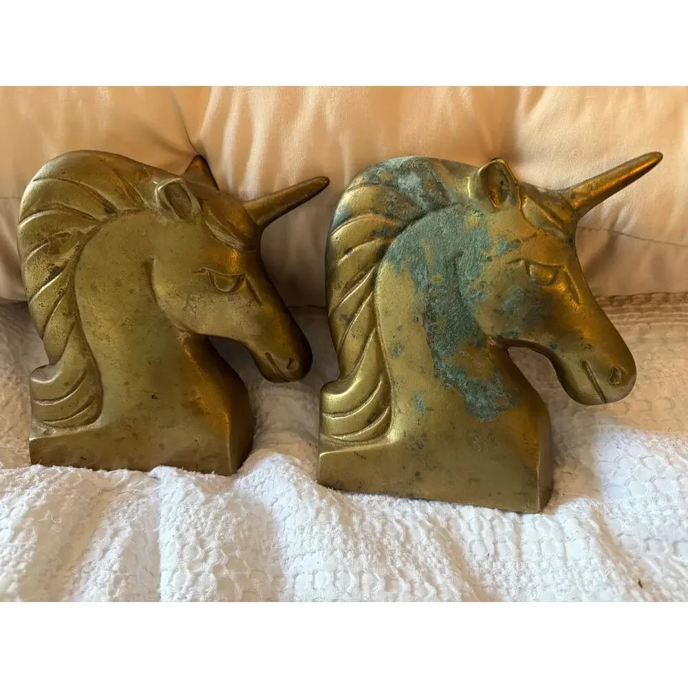Vintage Brass Unicorn Head Bookends Pair Mid Century Fantasy Decor Heavy Metal